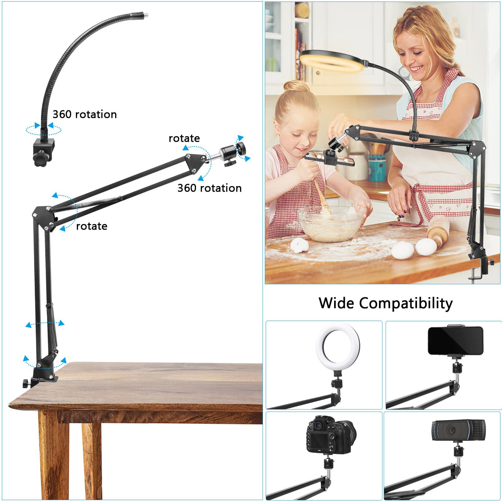 ChromLives Overhead Phone Mount with Ring Light - Flexible Tripod Holder for Video Recording, Top Down Camera Stand